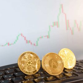 cardano digital currency ada in gold coins on a