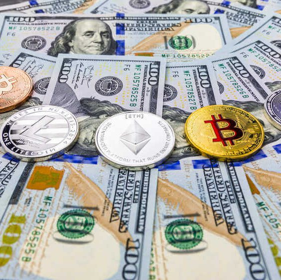 bitcoin and cryptocurrency on banknotes of one hun utc