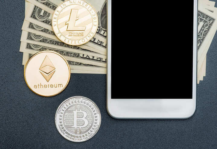 top view crypto currency lite coin silver bitcoin utc